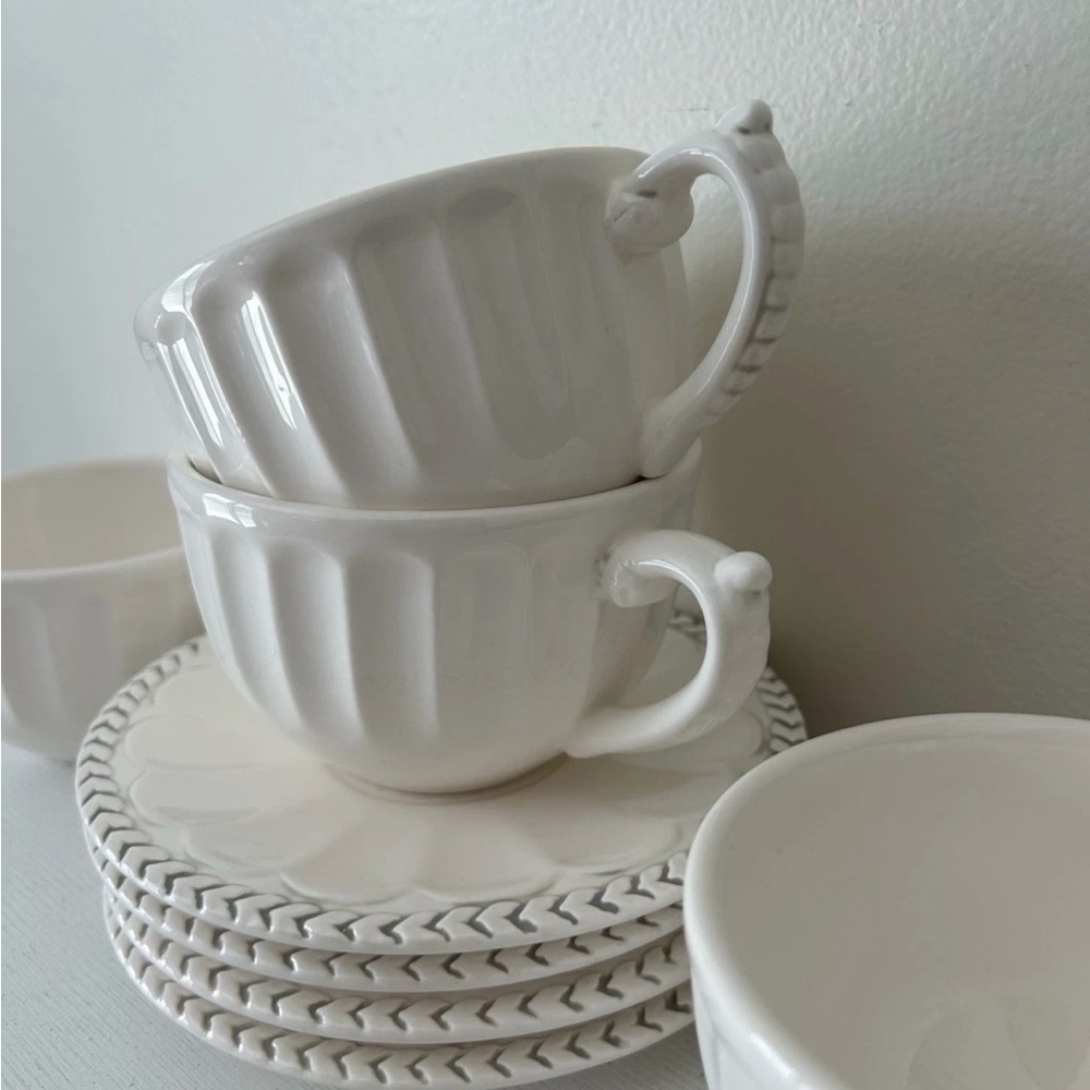 American Atelier Athena White Ironstone Mugs W/Saucers 5166- Set of 4 - Picture 2 of 11